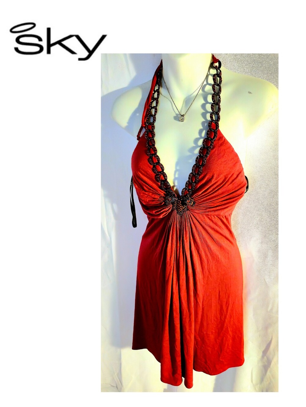 Sky Berry Red Beaded/Chain Halter Dress. Sz Sm. New